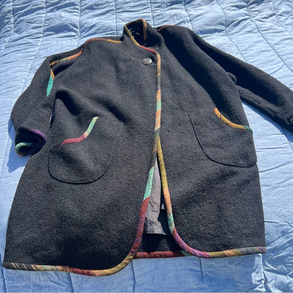 Vintage Candiss Cole Black Swing Coat With Rainbow Woven Trim Size Large